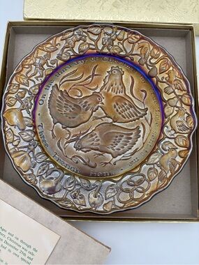 Imperial Glass Carnival Plate Three French Hens 12 Days Christmas Box